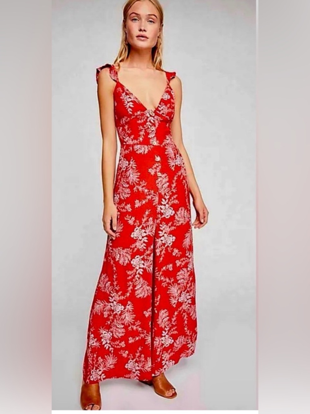 Free People Red Floral  Wide Leg Jumpsuit Button Front Summer Boho Women Size 2